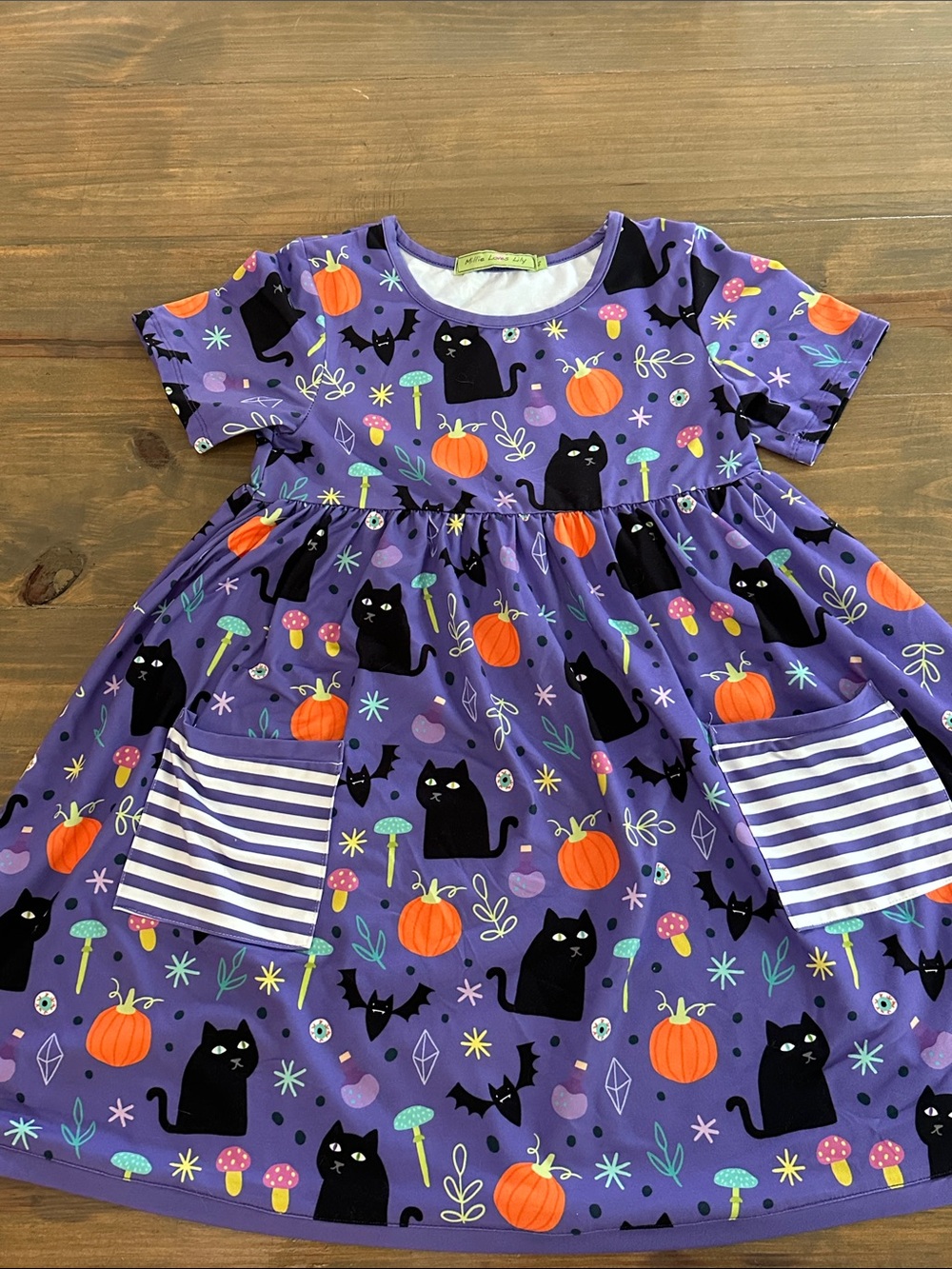 Girls Purple Halloween Cat & Pumpkin Dress with Striped Pockets